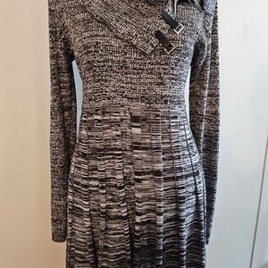 Dana Buchman Y2K Grey Cowl-Neck Long Sleeve Sweater Dress, Pleated Skirt, Buckle